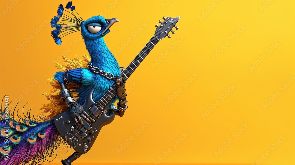Poster a peacock is playing a guitar on a yellow background with a yellow background and a yellow backgroun