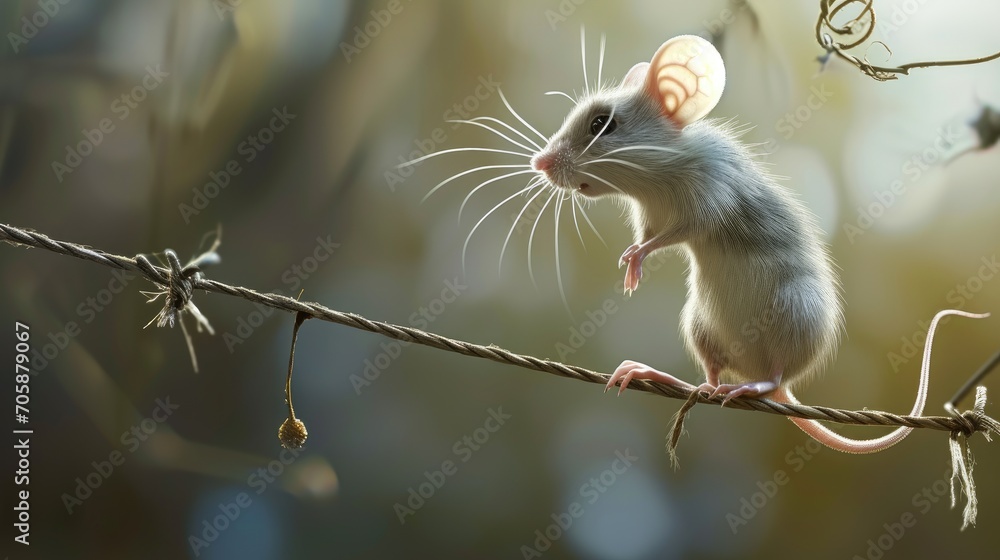 Poster a mouse sitting on top of a wire on top of a leafy tree branch in front of a blurry background.