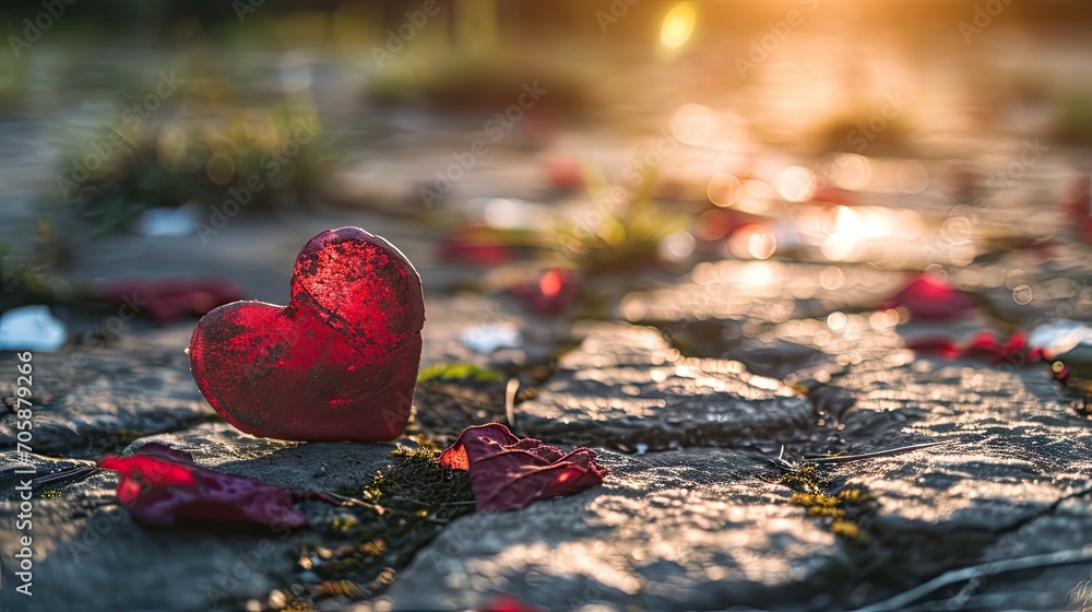 Poster a red heart shaped object sitting on top of a stone slab next to a field of red flowers and greenery