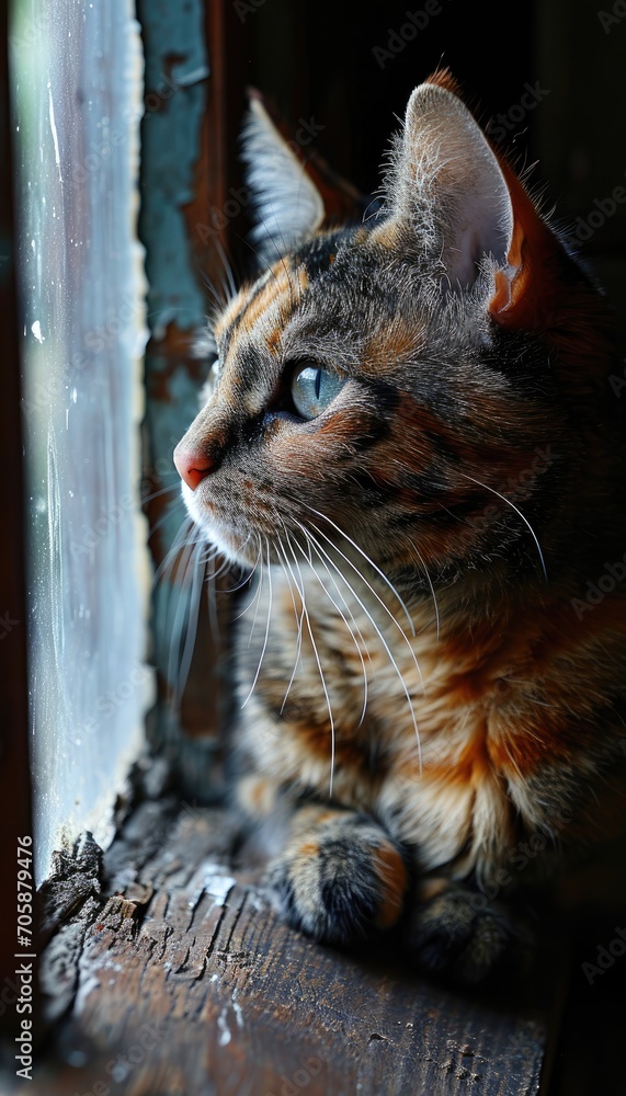 Poster a close up of a cat sitting on a window sill looking out of it's window sill.
