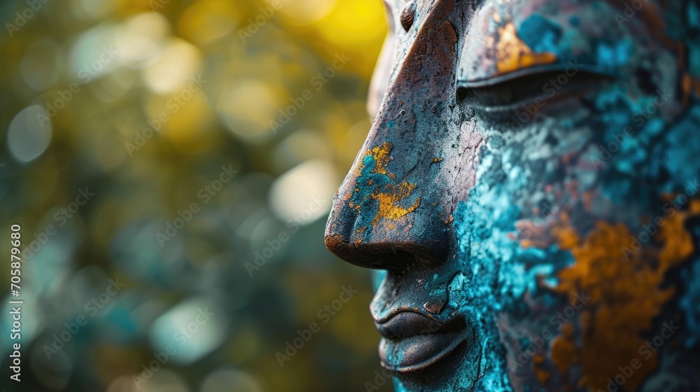 Poster a close up of a statue of a person's face with a blurry background of trees in the background.