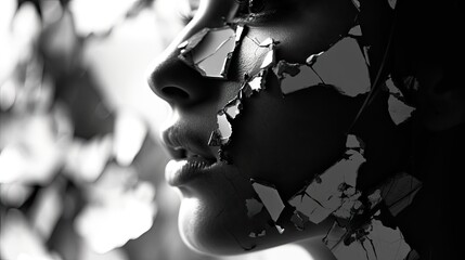  a black and white photo of a woman's face with broken glass covering it's face and part of her face. - obrazy, fototapety, plakaty