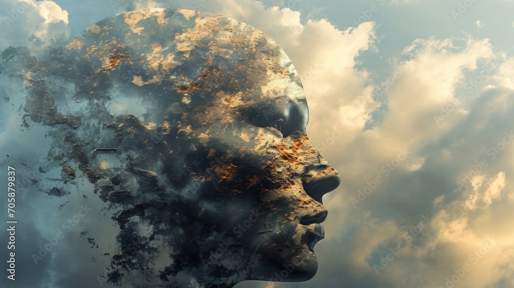 Poster a woman's head with clouds in the background and a sky full of clouds in the middle of the image.
