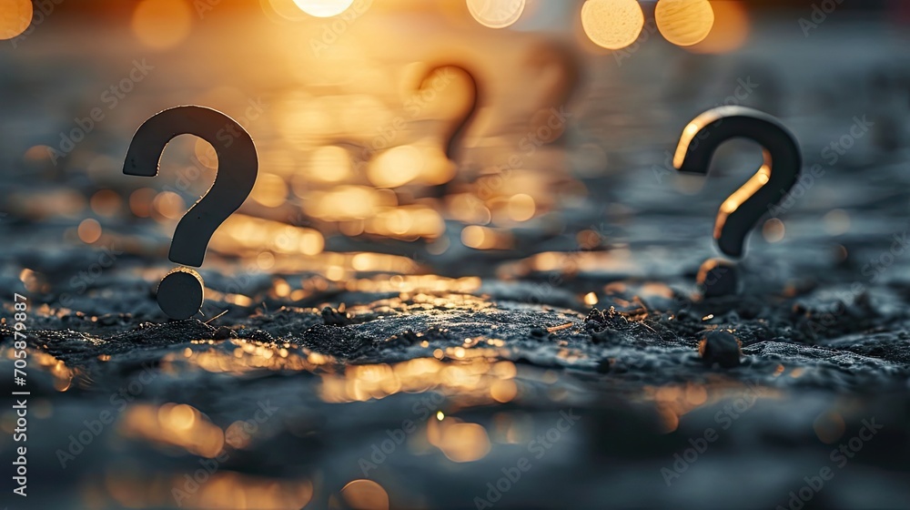 Poster a group of question marks sitting on top of a puddle