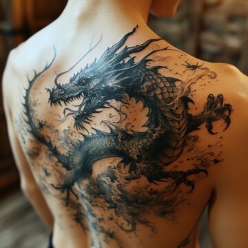black tattoo from a Dragon flying, on a woman 