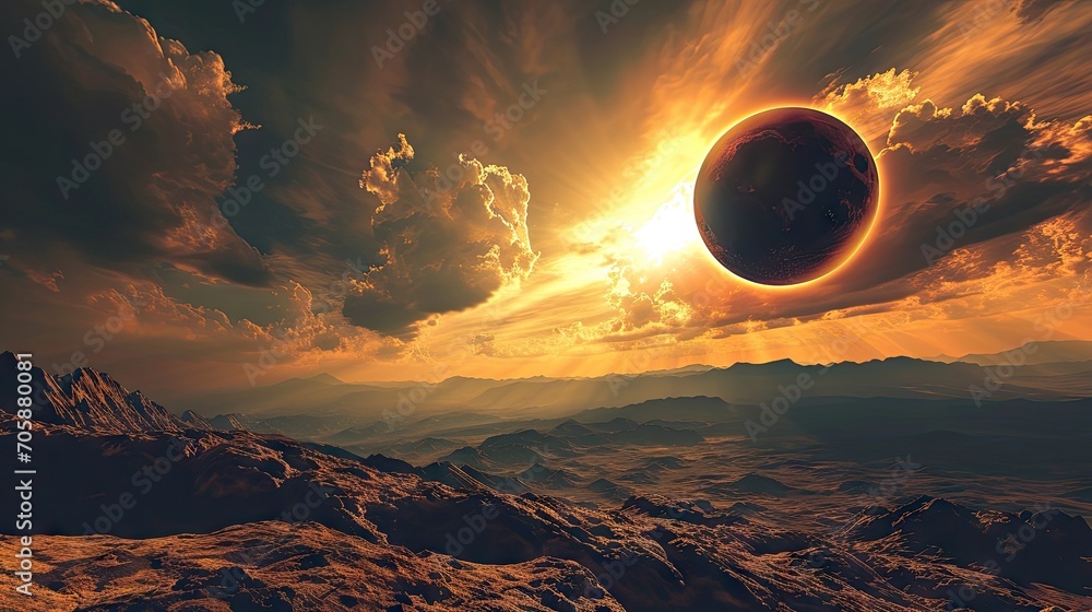 Poster an artist's rendering of a solar - like object in the sky with mountains in the foreground and cloud