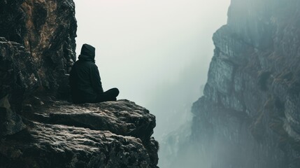  a person sitting on the edge of a cliff on a foggy day with their back turned to the camera.