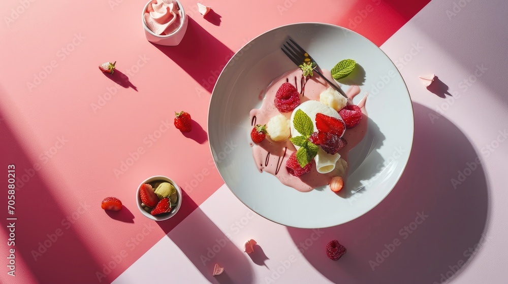 Poster  a white plate topped with fruit next to a bowl of strawberries and a small cup of yogurt.