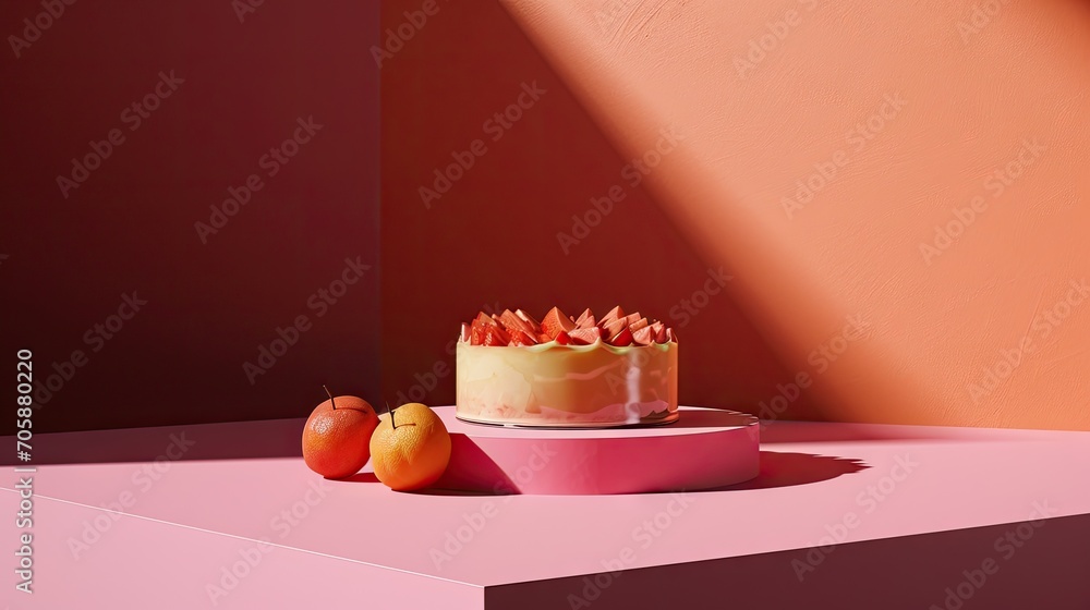 Sticker  a cake sitting on top of a pink table next to a pair of oranges and an orange slice of fruit.