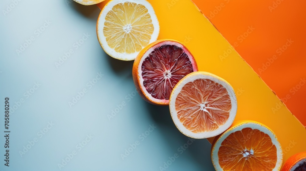 Poster a group of grapefruits cut in half on a blue and orange table top with a half of a grapefruit in the
