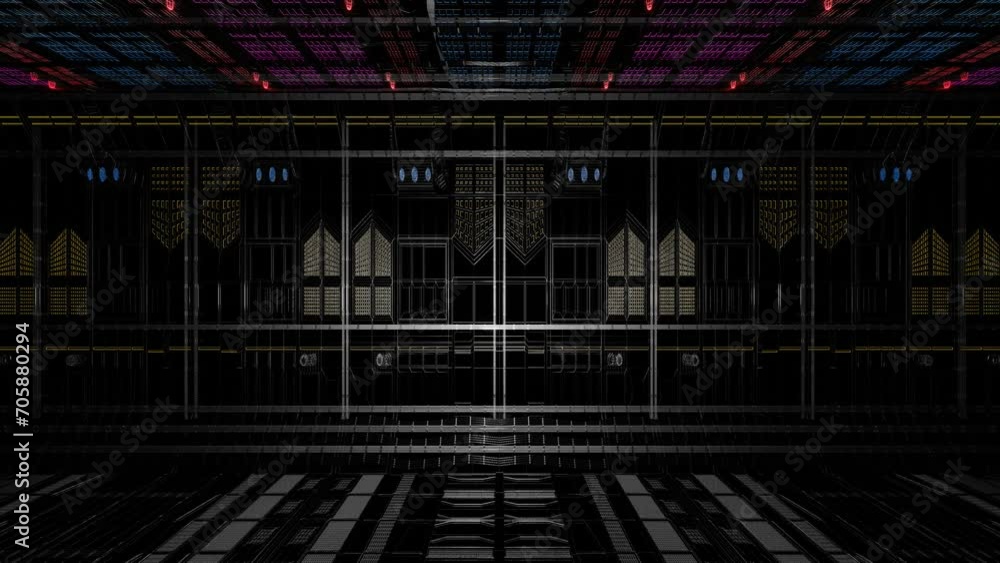Poster movement along a metal openwork mesh with a purple-blue neon glow. looping abstract animation. 3d re