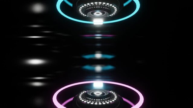 sci-fi teleport concept with glowing purple and blue rings. looping abstract animation. 3d render