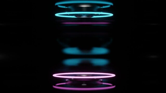 sci-fi teleport concept with glowing purple and blue rings. looping abstract animation. 3d render