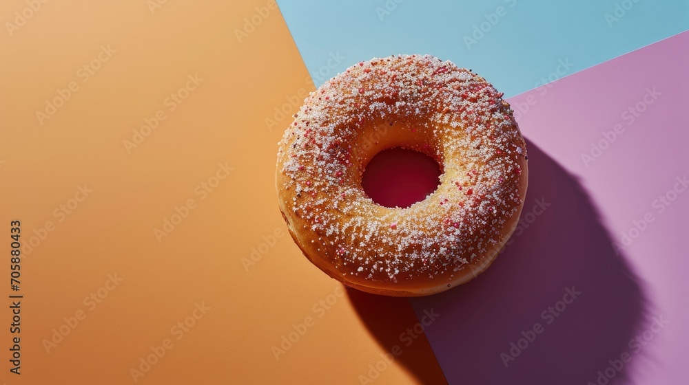 Poster a donut with sprinkles sitting on top of a multicolored surface with a shadow of the donut.