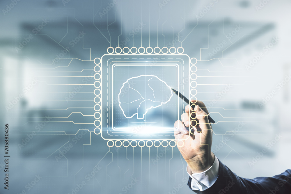 Aufkleber man hand with pen working with virtual creative artificial intelligence hologram with human brain sk