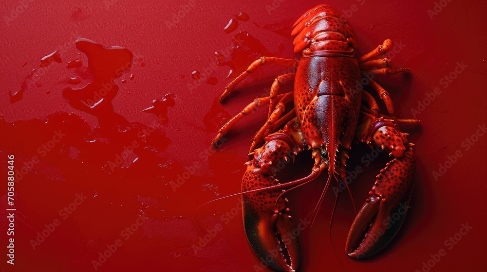 Aufkleber a close up of a cooked lobster on a red surface with drops of water on the bottom of the image.