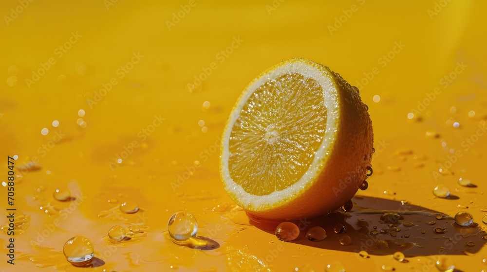 Poster a half of a lemon sitting on top of a yellow surface with drops of water on the bottom of it.