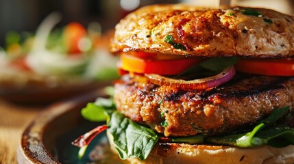 Close-up of juicy, grilled veggie burger on rustic plate. - obrazy, fototapety, plakaty