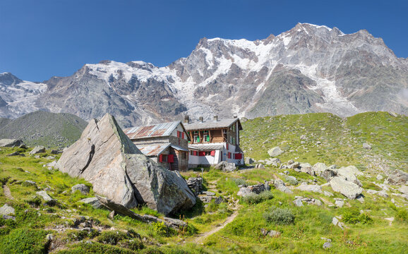 The panorama of Monte Rosa and Punta Gnifetti paks over the Rifugio Zambon Zappa chalet  - Valle Anzasca valley.