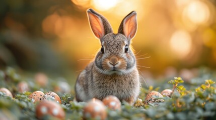 Fototapeta premium Osterhase auf einem Blumenfeld mit warmen Licht 