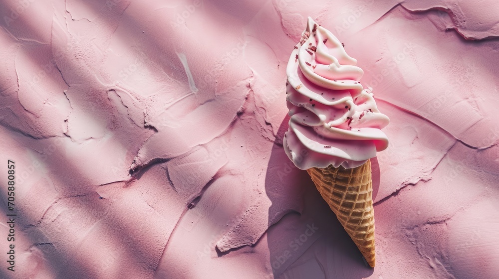 Poster a pink ice cream cone with pink icing on a pink textured surface with a shadow of the ice cream cone