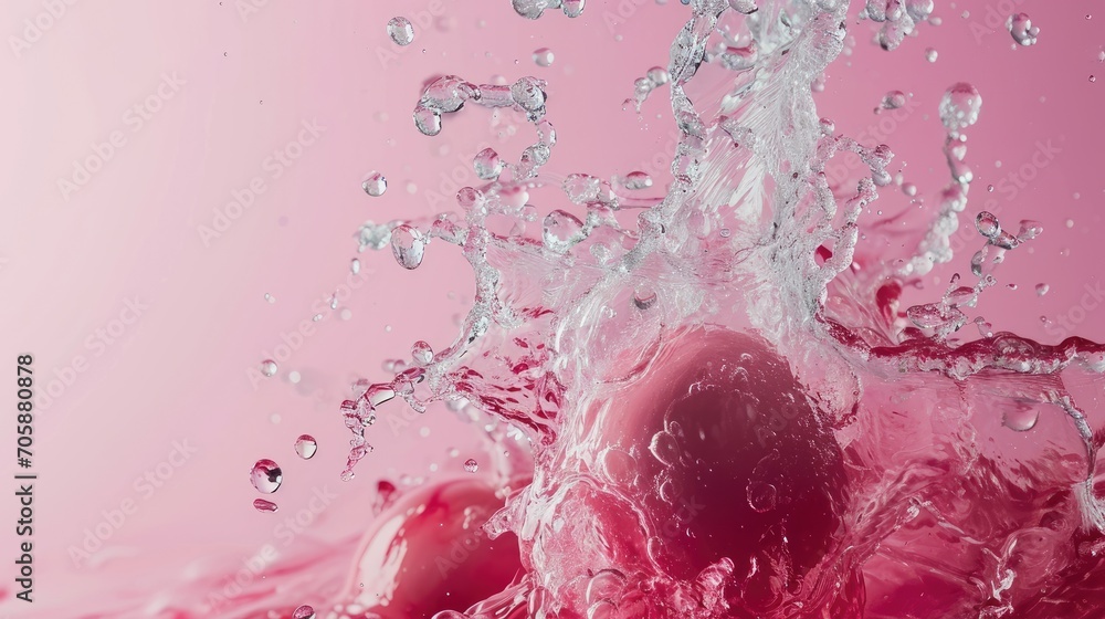Poster a close up of a pink background with water splashing on the top of the fruit and the bottom of the f