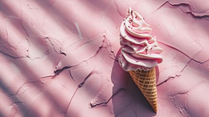a pink ice cream cone with pink icing on a pink textured surface with a shadow of the ice cream cone on the left side of the cone.