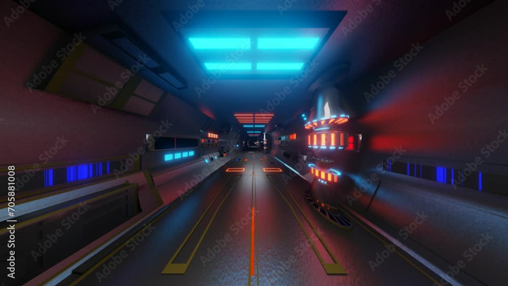 Poster endless movement along a sci-fi futuristic corridor with flashing lamps and mointors. looping abstra