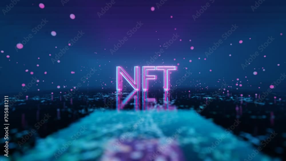Poster red particles fly on a blue background around the neon glowing word nft. the camera flies in a circl