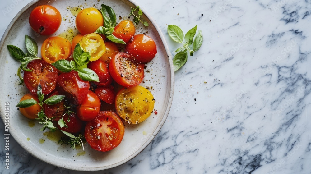 Poster a plate full of tomatoes and basil on a marble counter top with a sprig of basil on the side.