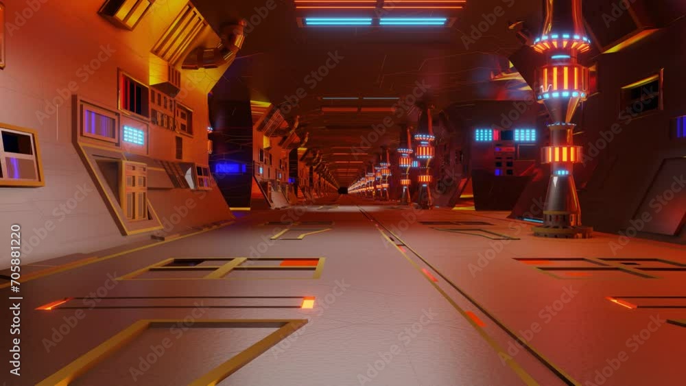 Poster endless movement along a sci-fi futuristic corridor with flashing lamps and mointors. looping abstra