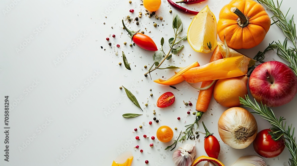 Poster a white table topped with lots of different types of fruits and veggies on top of a white surface.