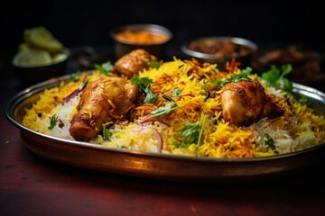 close-up of biryani, hydrabadi biryani, Bombay biryani, chicken biryani in a very traditional tray 
