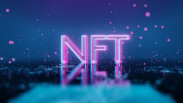 red particles fly on a blue background around the neon glowing word NFT. The camera flies in a circle. looping abstract animation. 3d render