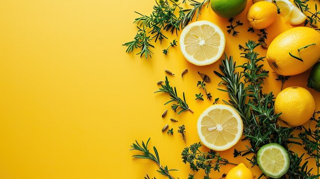  a variety of lemons and limes with rosemary sprigs on a bright yellow background The lemons are a vibrant yellow color, while the limes are a deep green The rosem
