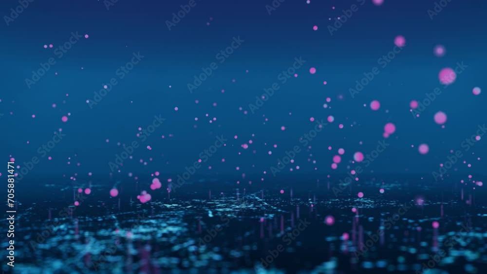 Poster red particles fly on a blue background. the camera flies in a circle. looping abstract animation. 3d