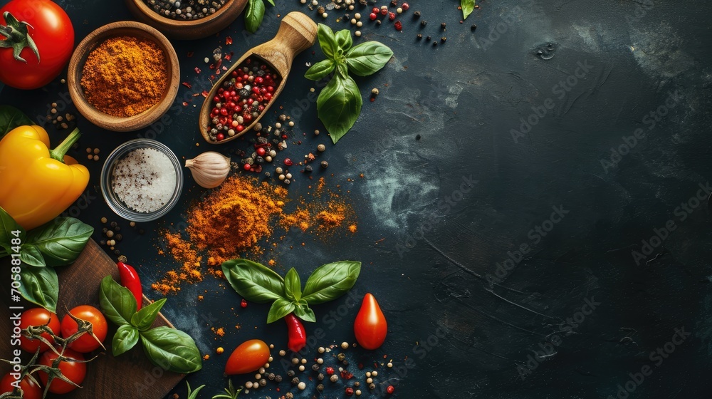 Poster  a table topped with lots of different types of spices and seasoning on top of each other on top of a wooden cutting board.