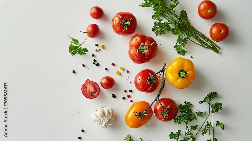 Poster a white table topped with lots of different types of tomatoes and parsley next to a pile of cut up p