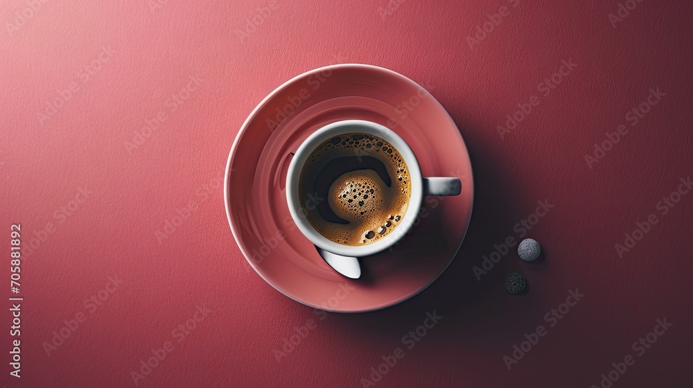 Poster an overhead view of a cup of coffee on a saucer with a spoon and spoon rest on a red surface.