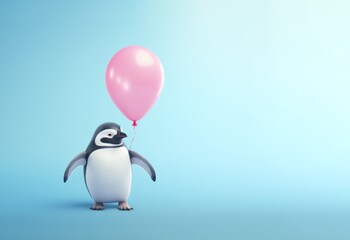 Fototapeta premium A little penguin is holding a pink balloon that is flying.