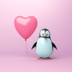 Illustration of a 3d penguin and a pink flying heart shaped balloon against a pastel pink background.