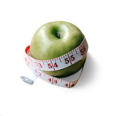 Healthy eating and diet concept with an apple and waist measuring tape, with transparent background and shadow