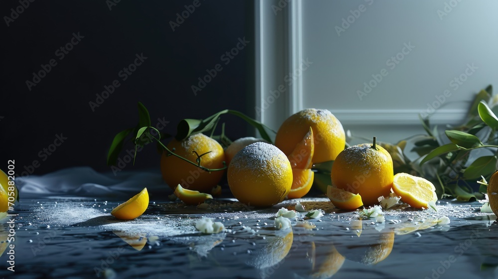 Poster a group of oranges sitting on top of a table next to a bunch of oranges on a table.