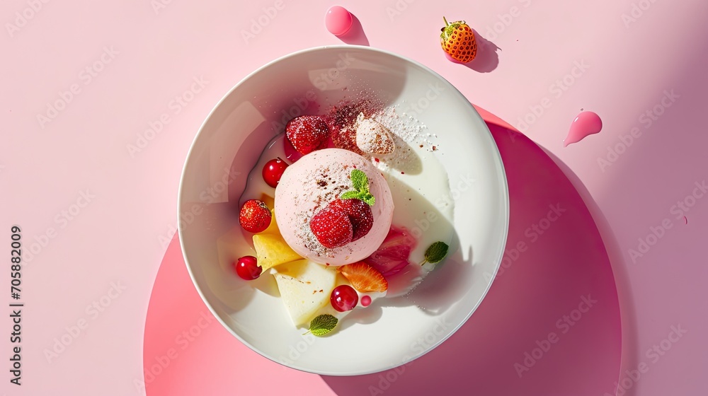 Poster  a white plate topped with fruit and a scoop of ice cream next to a strawberry on top of a pink surface.