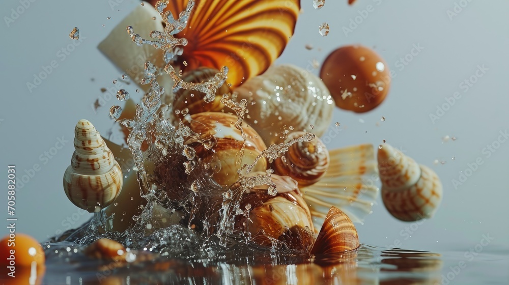 Aufkleber a group of seashells splashing into a body of water with other seashells in the background.