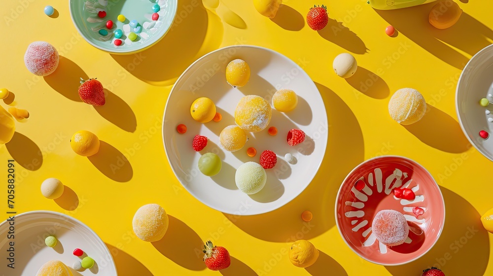 Aufkleber a table topped with plates and bowls filled with different types of candies on top of a yellow table