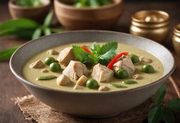 Thai chicken green curry on wood table background