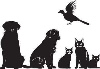 Group of pets; dog, cat, ferret, rabbit, bird, fish, rodent, solid black silhouette vector
