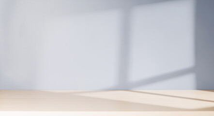 Wooden table and sunlit wall, product template