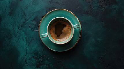  an overhead view of a cup of coffee on a saucer on a dark green tablecloth with a hole in the middle.